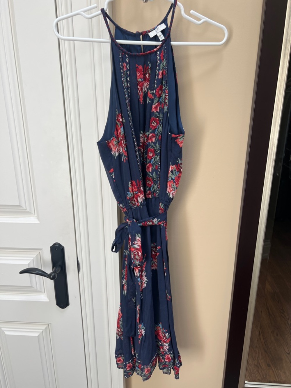 Joie Navy Floral Halter Midi Dress with Red Accents